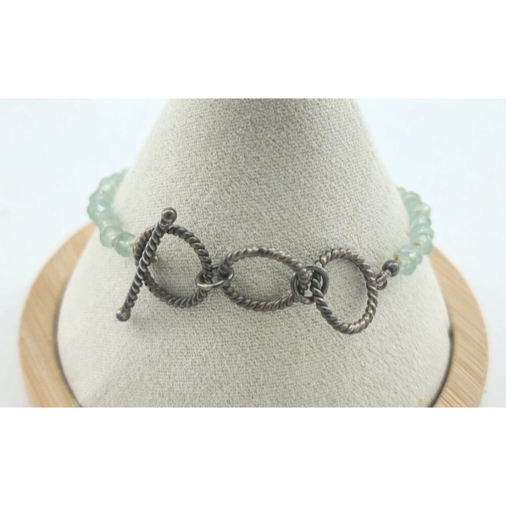 925 Sterling Silver Beach Sand Dollar Shell Charm Blue Beaded Toggle Bracelet - Picture 3 of 5